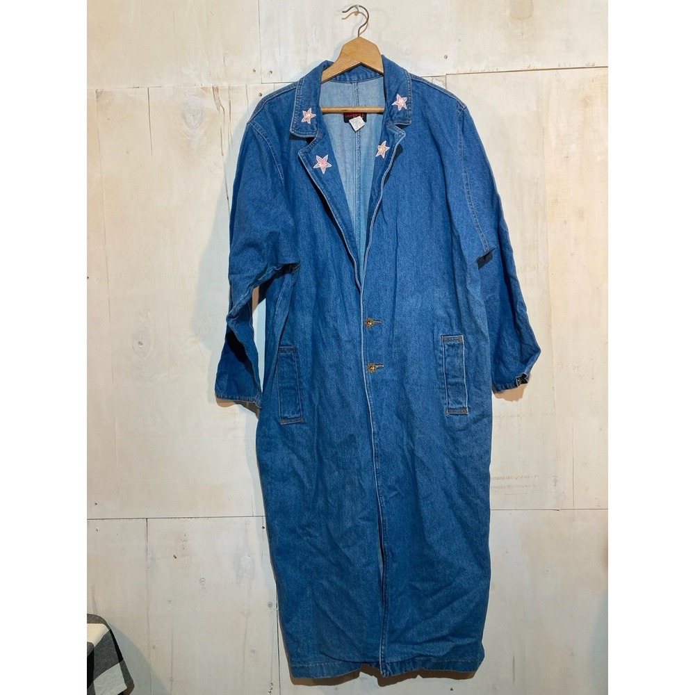 Sunbelt Sportswear Denim Maxi Coat Women Sz OS‎ Blue Sequin Star Trench Jacket